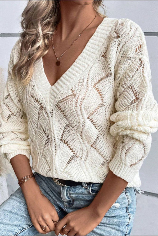 Openwork V-Neck Long Sleeve Sweater