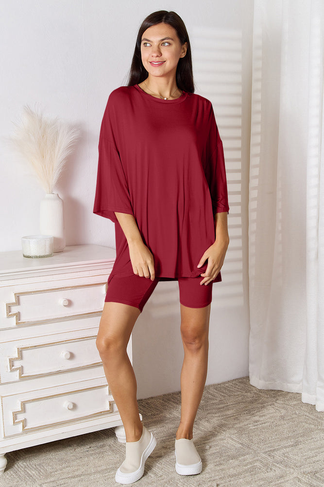 5 colors- Basic Bae Full Size Soft Rayon Three-Quarter Sleeve Top and Shorts Set