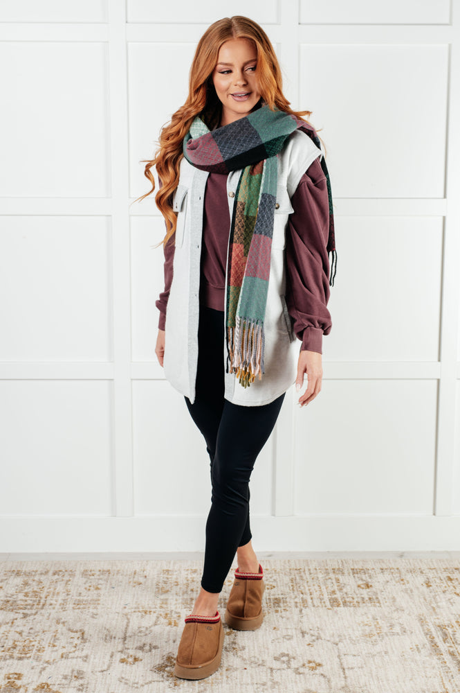 Keep Me Cozy Checkered Fringe Scarf in Berry