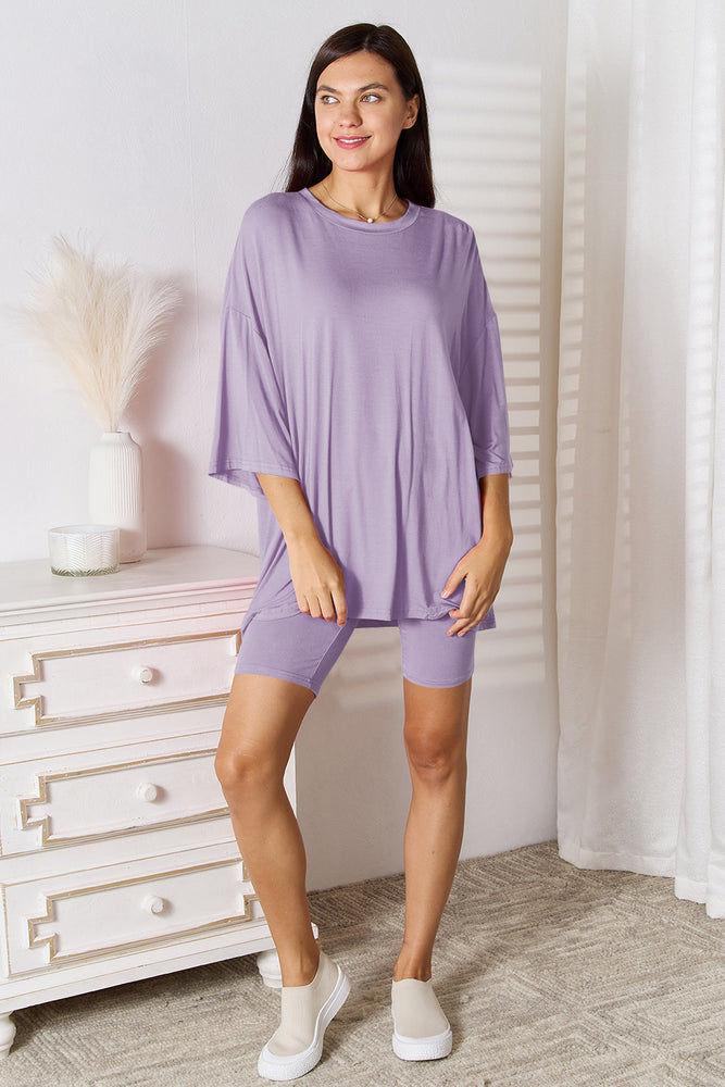 5 colors- Basic Bae Full Size Soft Rayon Three-Quarter Sleeve Top and Shorts Set