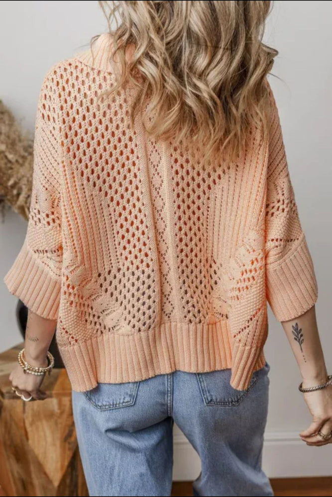 Cutout Collared Neck Three-Quarter Sleeve Sweater