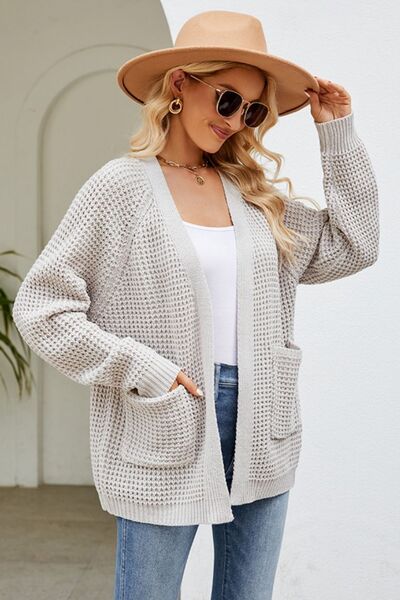 4 colors, reg + Plus, Open Front Raglan Sleeve Pocketed Cardigan