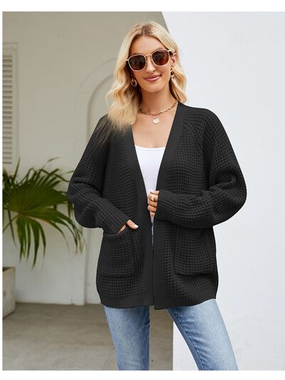 4 colors, reg + Plus, Open Front Raglan Sleeve Pocketed Cardigan