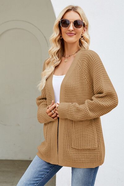 4 colors, reg + Plus, Open Front Raglan Sleeve Pocketed Cardigan