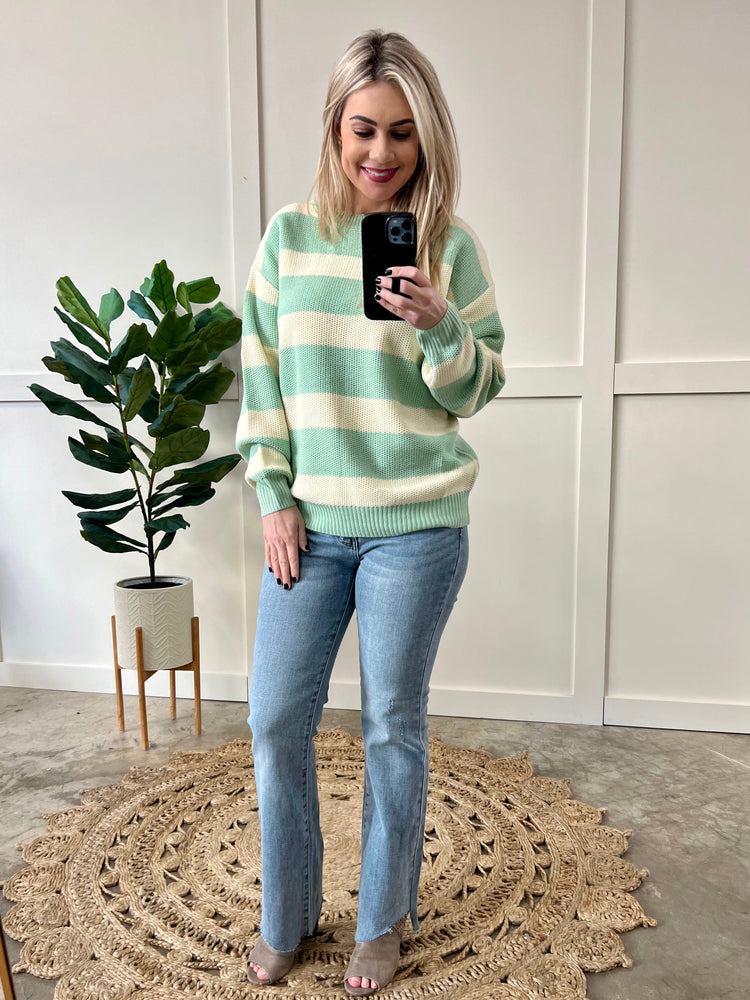 Cream De Menthe Striped Knit Sweater