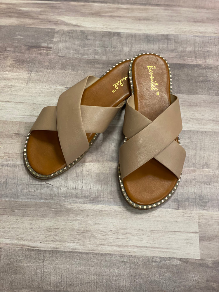 Tan Gold Studded Criss-Cross Sandal